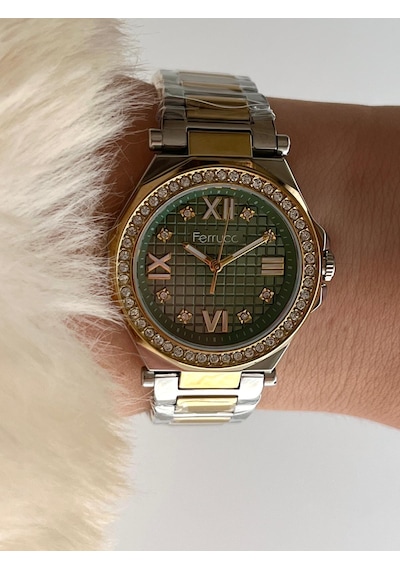 Ferrucci Fr55129 Zirkon Taşlı Şık Çelik Kordon Ve Kasa Kadın Kol Saati Altın - Yeşil