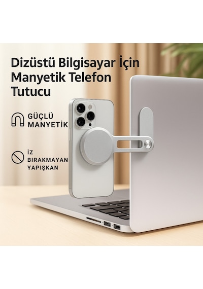 Polham Manyetik Telefon Tutucu Laptop, Araba Ekranı Ve Monitör Uyumlu Güçlü Mıknatıs, İz Bırakmayan Yapışkan, Katlanabilir Alüminyum Gümüş