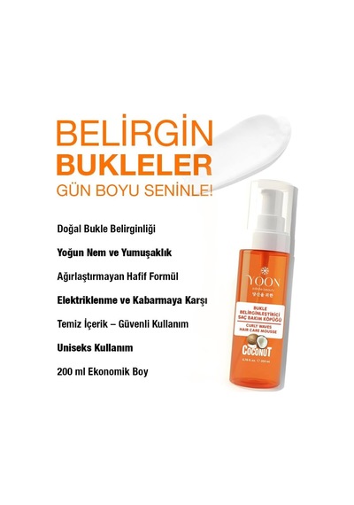 Yoon Bukle Belirginleştirici Saç Köpüğü 200ml Kıvırcık Saçlar İçin Şekillendirici Köpük, Elektriklenm