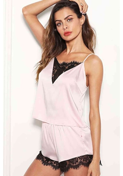 Merry See Dantel İşlemeli saten Şortlu Pijama Takım Pembe