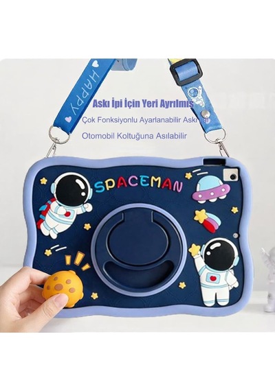 Samsung Galaxy Tab A11 Plus İle Uyumlu Kılıf 360 Derece Döner Stand Yatay Dikey Kullanılabilir, Kawaii Askılı Tasarım Kalem Yuvası Özellikli Sevimli Space-man Tasarımı