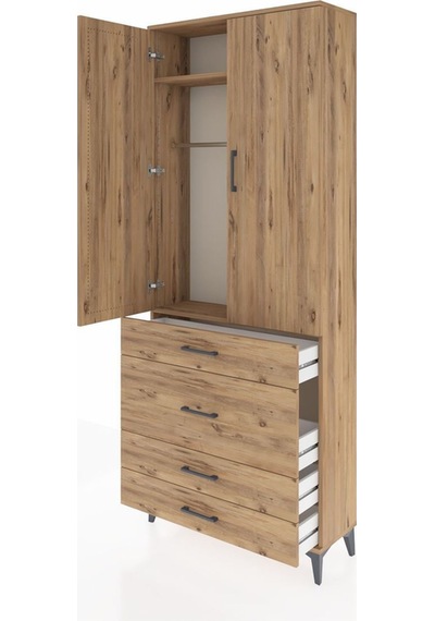 Arges Dolap 2 Raflı 4 Çekmeceli Tek Askılı 88x30x221 Çam-çam Atlas Çam