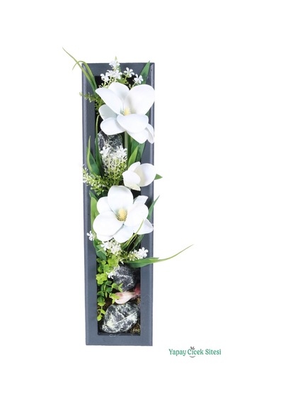 Yapay Çiçek Sitesi Ahşap Çerçeveli Yapay Çiçek Duvar Tablosu 44x11 Cm Model 5 Beyaz