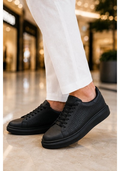 Mevese Tromto Bağcıklı Cilt Delikli Erkek Günlük Sneaker Ayakkabı - Siyah