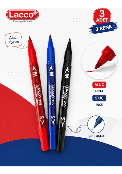 Lacco 255 Permanent Marker Kalem 3'lü Set Çift Uçlu M Ve S Uç Siyah Mavi Kırmızı Kalıcı İşaretleme Kalemi Çok Renkli