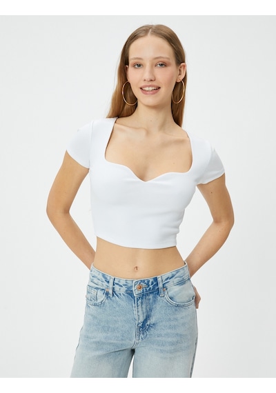 Koton Kalp Yaka Crop Tişört Ribanalı Kısa Kollu Slim Fit Ekru 4sal10808ık Ekru