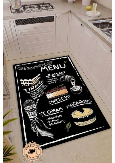 Menu Desenli Dekoratif Halı Makinede Yıkanabilir Yolluk Siyah