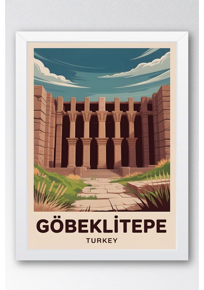 Göbeklitepe Tablo - Retro Travel Poster - Tarihin Sıfır Noktası Duvar Dekoru - Çerçeve İllüstrasyon Beyaz