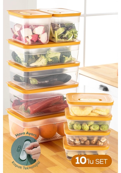 Vienev 10'lu Hava Kanallı Ayarlanabilir Sebze Ve Meyve Saklama Kabı 4x 1,15 Lt 2x 2,35-3,8-5 Lt Turuncu Turuncu