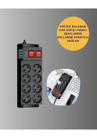 Home Akım Korumalı 8 Li Priz 3 Usb Li Uzatma Kablosu Isıya Dayanıklı 2 Metre