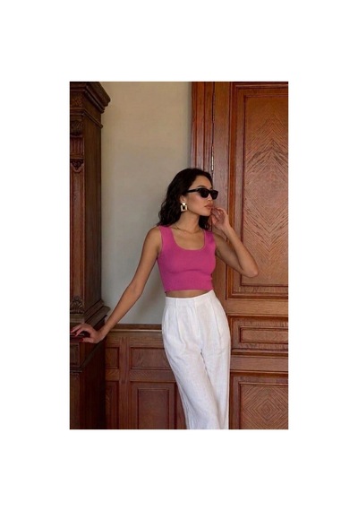 Onno Style Women Kolsuz Askılı Kare Yaka Kadın Triko Bluz Pembe