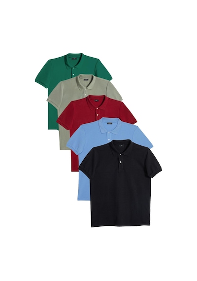 Tudors Erkek 5'li Paket Siyah-yeşil-mavi-bordo-haki Slim Fit Pamuklu Düz Pike Polo Yaka Tişört-34599 Multi