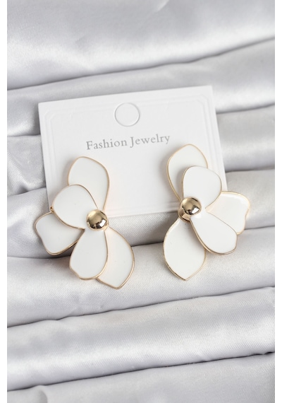 Beyaz Mineli Lotus Model Pirinç Kadın Küpe Altın