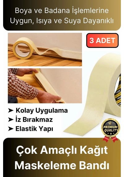 Çok Amaçlı Isıya Suya Dayanıklı Kolay Sökülebilen 25mt Krep Kağıt Maskeleme Boya Badana Bandı-3 Adet Diğer