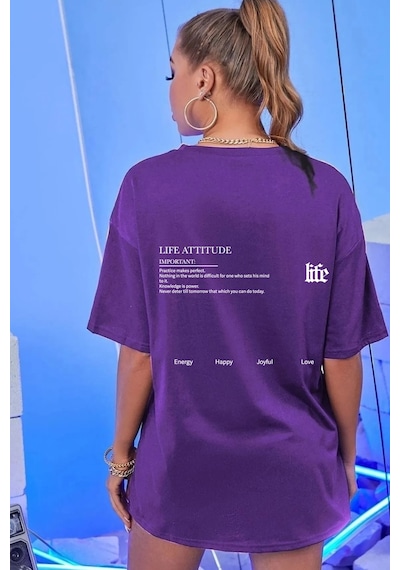 Unisex Life Baskılı T-shirt Mor