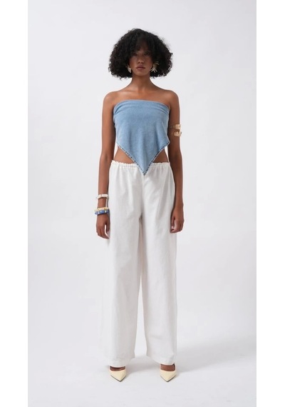 Defymoda Bağlamalı Denim Crop Mavi