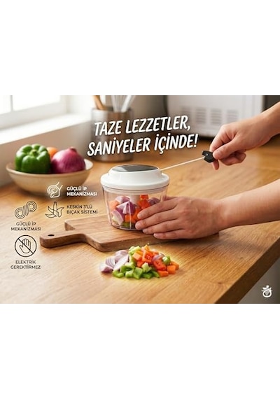 Pratik İpli El Rondosu - 500 Ml Keskin Paslanmaz Çelik 3 Bıçaklı Soğan Ve Sebze Doğrayıcı, Mutfak Robotu