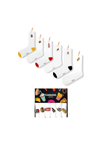 Carnaval Socks 6'lı Fast Food Nakışlı Çorap Seti Beyaz Nakışlı Beyaz