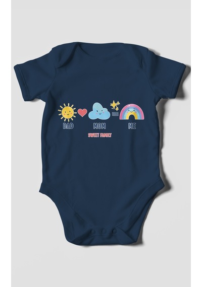 Morivokids Dad Mom Me Sweet Family Kısa Kollu Bebek Body %100 Pamuk Lacivert