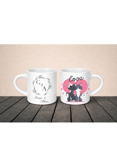 Kişiye Özel Baş Harf Ve İsimli & Kedi Figürlü Nescafe Fincanı Beyaz