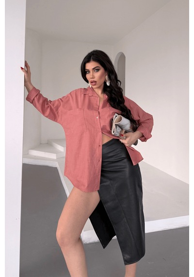Paw Garage Kadın Harper Çift Cepli Oversize Keten Gömlek, 2025 Summer Collection Gül Kurusu