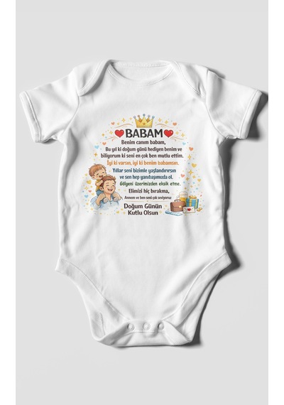 Morivokids Babam Doğum Günün Kutlu Olsun Kısa Kollu Bebek Body %100 Pamuk Beyaz