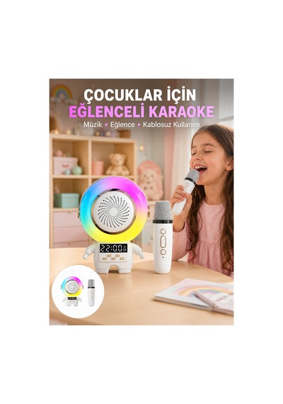 Renkli Işıklı Astronot Mini Bluetooth Speaker Ve Karaoke Mikrofon - Lisinya