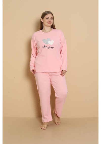 Wordex Fawn 1110 İnterlok Büyük Beden Kalpli Kışlık Ev Kadın Pijama Takımı Pembe