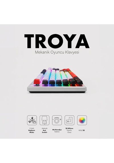 Troya Mix Rgb Mekanik Oyuncu Klavyesi, Kablosuz 3 Mod, Red Switch, Full Anti-ghosting, 4000 Mah, Türkçe Q, Numpad Kar