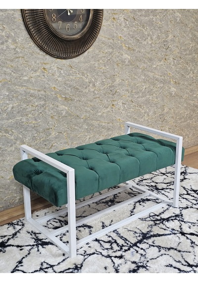 Zafir Beyaz Boyalı Metal 80 Cm Puf Bench - Antre Puf - Hol Bench - Puf - Oturak - Bench Yeşil