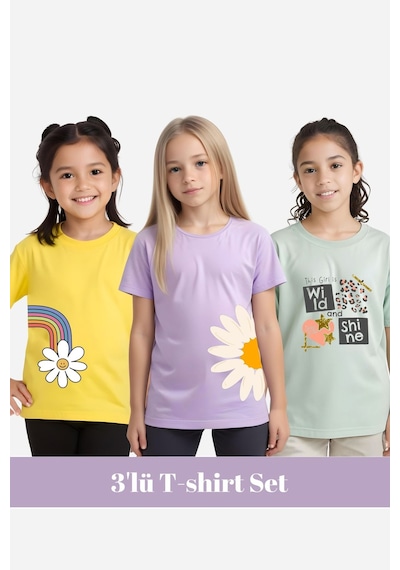 Fyk Kids Kız Çocuk 3'lü - Papatya-girls Baskılı Tişört Çok Renkli