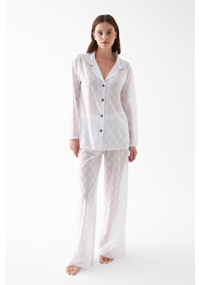 Akbeniz Kadın Beyaz Şeffaf Jakar Düğmeli Pijama Takımı