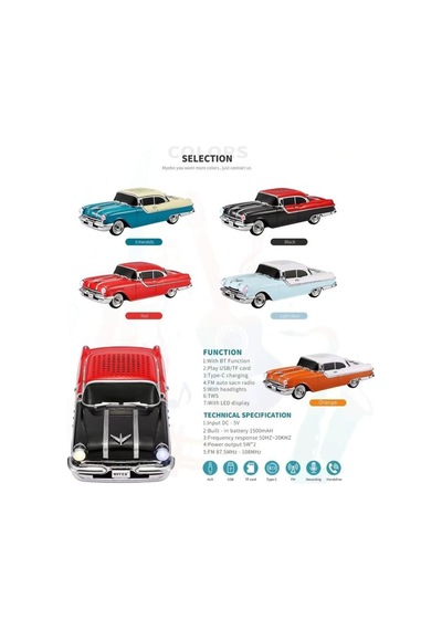 Nostaljik Araba Şarjlı Led Işıklı Kablosuz Hoparlör Bluetooth Speaker Fm Radyo Sd Kart Usb