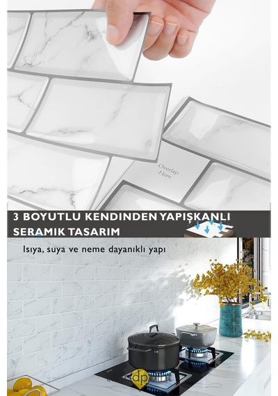 Trendpoint 3d 30 30cm Mutfak Tezgah Arkası Kaplama Kendinden Yapışkanlı Beyaz Mermer Seramik Görünüm