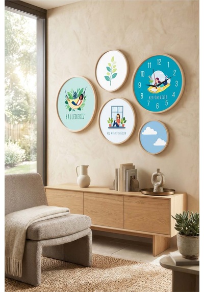 5 Parça Yuvarlak Ahşap Çerçeveli Renkli Minimalist Sevgi Sözü Tablo Ve Saat Seti