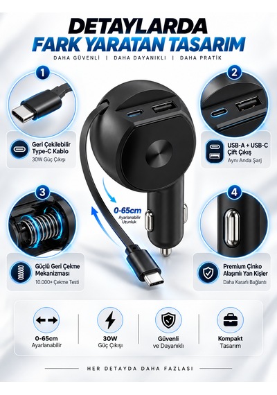 60w 3.4a Hızlı Araç Şarj Cihazı 3'ü 1 Arada Geri Çekilebilir 65cm Kablolu Type-c Usb Çakmaklık Şarj Adaptörü Siyah