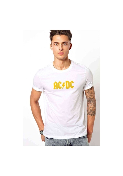 Acdc Logo Sarı Baskılı Beyaz Erkek Tshirt