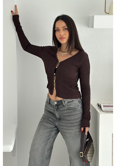 Noa & Noa Kadın Düğme Detaylı Fit Triko Bluz Zarif & Modern Stil Kahverengi