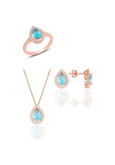 Gümüş Rose Akuamarin Taşlı Damla Modeli Üçlü Set