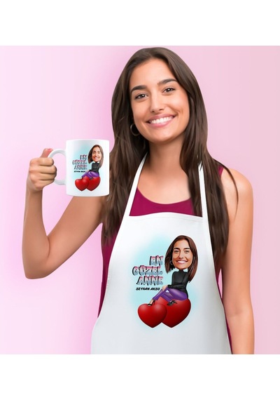 Kişiye Özel En Güzel Anne Karikatürlü Mutfak Önlüğü Kupa Seti