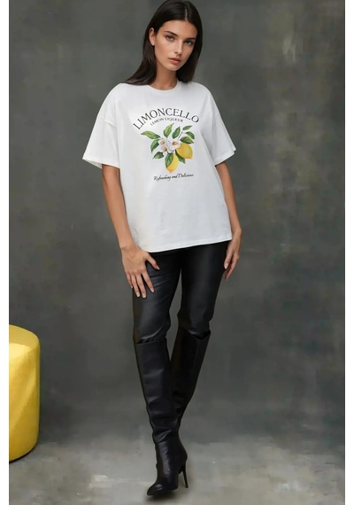 Hiccup Kadın %100 Pamuk Bisiklet Yaka Oversize Beyaz Baskılı T-shirt Kehribar Sarısı