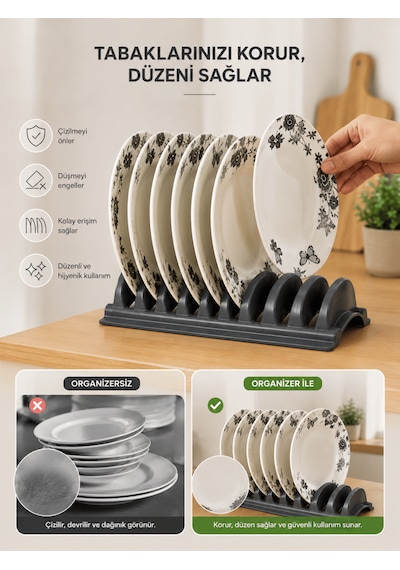 Beylini Tezgah Üstü 8'li Tabaklık Kurutmalık Stand Dolap Çekmece İçi Tabak Organizeri Standı Bulaşık Düzenleyici 13x35 Cm Antrasit
