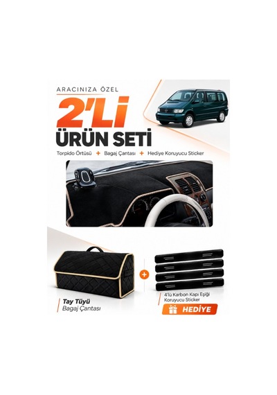 E-biz Mercedes Vıto W638 1996-2003 Uyumlu Torpido Örtüsü + Tay Tüyü Çanta - Siyah-bej - Mb024