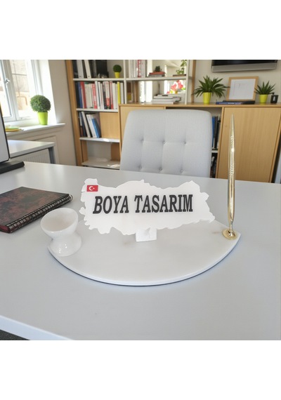 Doğal Beyaz Mermer Masa İsimlik Kalem Ve İğnelikli