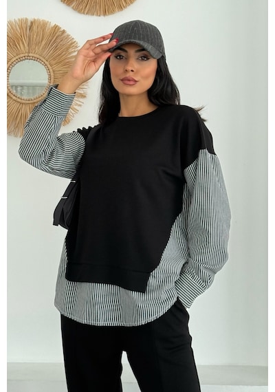 Ded Collectıon Kadın Mavi Beyaz Çizgili Modern Tasarım Uzun Kollu Gömlek Detaylı Sweatshirt Modal Takım Siyah