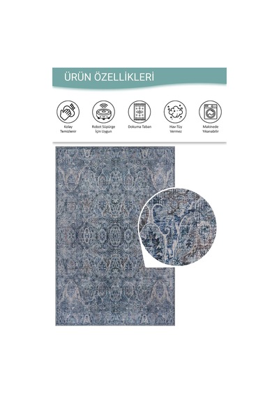 Artloop Folk Mavi Gri Vintage Klasik Madalyon Desenli Dokuma Tabanlı Şönil Halı Al 617