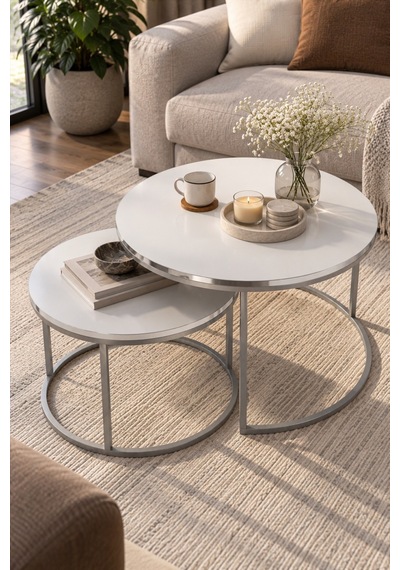 Sulorahome Gümüş Metal Ayaklı Beyaz 2'li Yuvarlak Orta Sehpa Seti