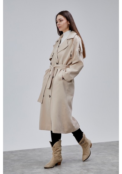 Kadın Oversize Astarlı Uzun Trençkot Vizon