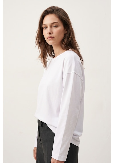 Elemge %100 Pamuk Süprem Oversize Kadın Uzun Kollu T-shirt Compact Penye Tok Yumuşak Kumaş Bol Kesim Nefes Alan Terletmez Yapı Basic Beyaz Tişört