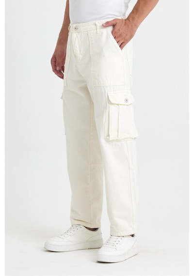 Erkek Kargo Cep Baggy Pantolon Rengi Kırık Beyaz